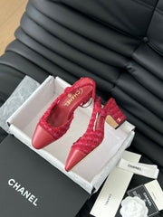 HIGH SLINGBACK IN RUBY RED TWEED AND LAMBSKIN