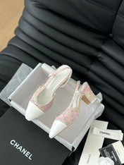 HIGH SLINGBACK IN LIGHT PINK TWEED MIX WHITE LAMBSKIN