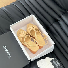 Double C New Wood Grain Platform Sandal  Tan Brown Lambskin