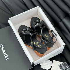 Double C New Wood Grain Platform Sandal  Black Lambskin