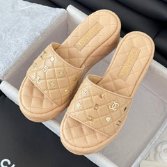 Thick Sole Slope Heel Weddge Lambskin Beige Cream