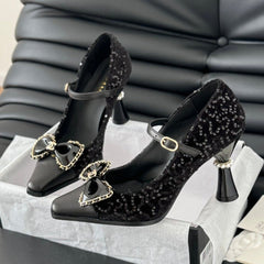 CC POINTED TOE HIGH HEELS IN BLACK VELVET AND LAMBSKIN GOLD HARDWARE