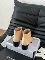 CC SHORT BOOTS 65 MM IN SEPIA BEIGE MIX BLACK QUILTED PATTERN LAMBSKIN