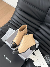 CC SHORT BOOTS 65 MM IN SEPIA BEIGE MIX BLACK QUILTED PATTERN LAMBSKIN