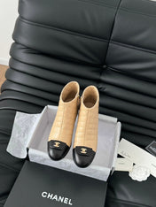 CC SHORT BOOTS 65 MM IN SEPIA BEIGE MIX BLACK QUILTED PATTERN LAMBSKIN