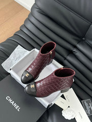 CC SHORT BOOTS 65 MM IN SANGRIA PURPLE MIX BLACK QUILTED PATTERN LAMBSKIN