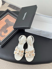 HIGH SANDALS IN WHITE TWEED WITH LOGO STICKER DETAIL