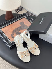 HIGH SANDALS IN WHITE TWEED WITH LOGO STICKER DETAIL