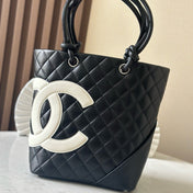 CHANEL 25S CAMBON LIGNE TOTE BAG 24 IN BLACK MIX WHITE CALFSKIN STYLE 1