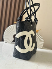 CHANEL 25S CAMBON LIGNE TOTE BAG 24 IN BLACK MIX WHITE CALFSKIN STYLE 1