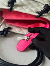 CHANEL 25S CAMBON LIGNE TOTE BAG 24 IN WHITE MIX BLACK CALFSKIN