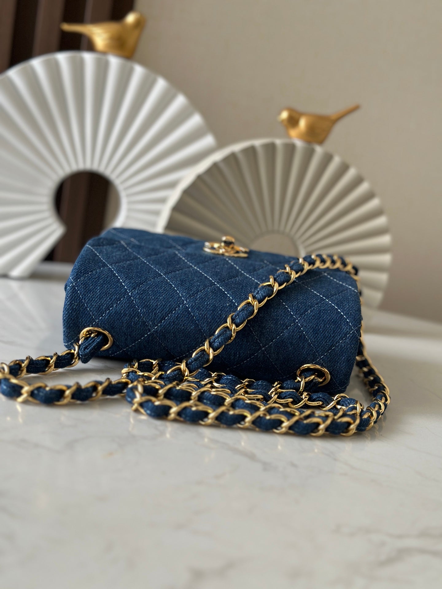 CHANEL 25S MINI FLAP BAG 18 IN BLUE DENIM WITH GOLD HARDWARE