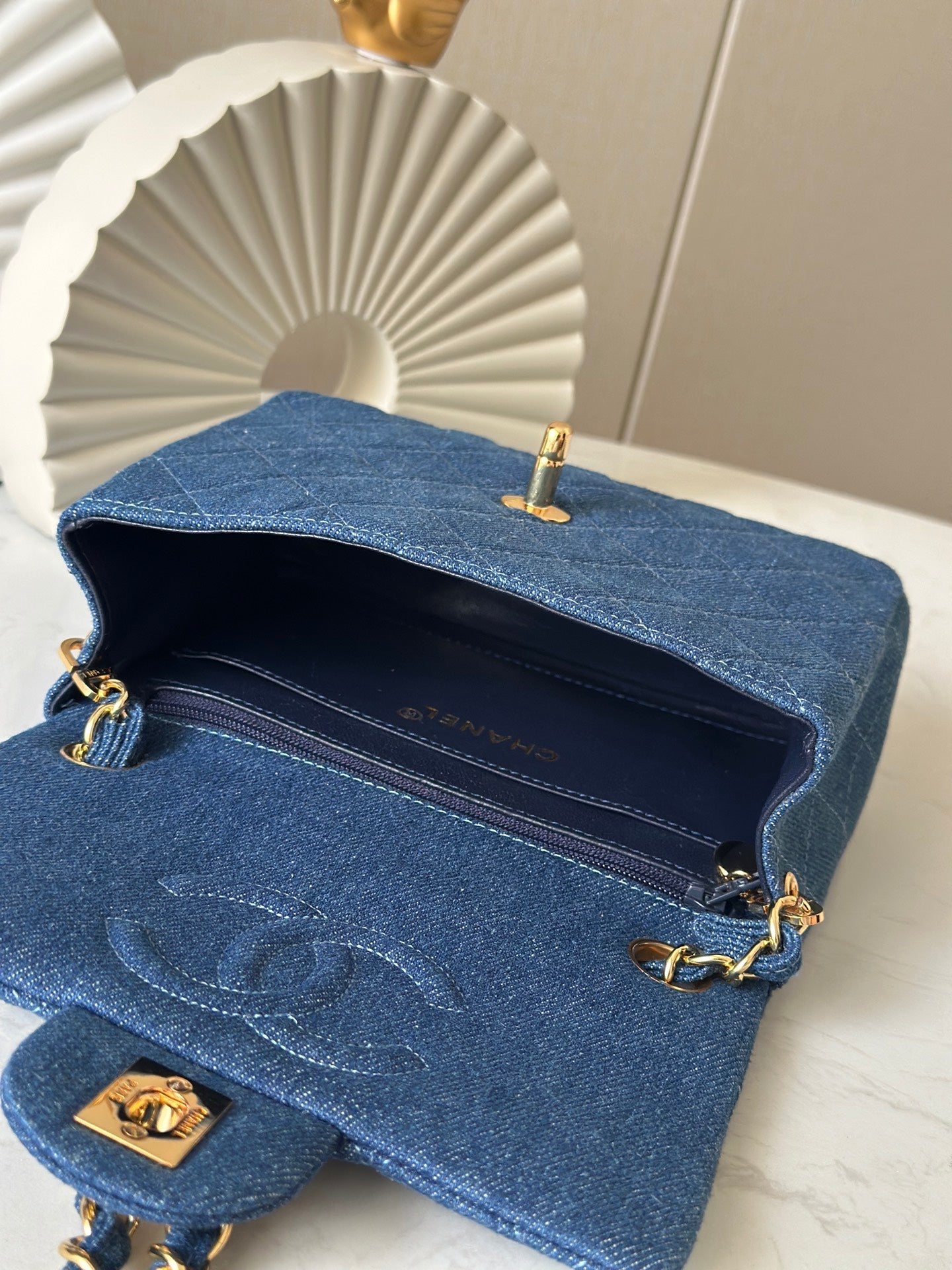CHANEL 25S MINI FLAP BAG 18 IN BLUE DENIM WITH GOLD HARDWARE