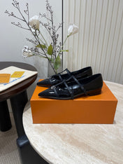 POINTED-TOE TRIPLE-STRAP BALLET FLAT IN BLACK PATENT CALFSKIN