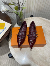 POINTED-TOE TRIPLE-STRAP BALLET FLAT IN BURGUNDY RED PATENT CALFSKIN