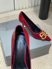 POINTED BB GOLD BUCKLE HIGH PUMPS 80MM IN RED PATENT CALFSKIN
