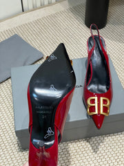 POINTED BB GOLD BUCKLE HIGH SLINGBACK 80MM IN RED PATENT CALFSKIN