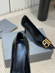 POINTED BB GOLD BUCKLE HIGH PUMPS 80MM IN BLACK PATENT CALFSKIN