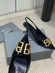 POINTED BB GOLD BUCKLE HIGH SLINGBACK 60MM IN BLACK PATENT CALFSKIN