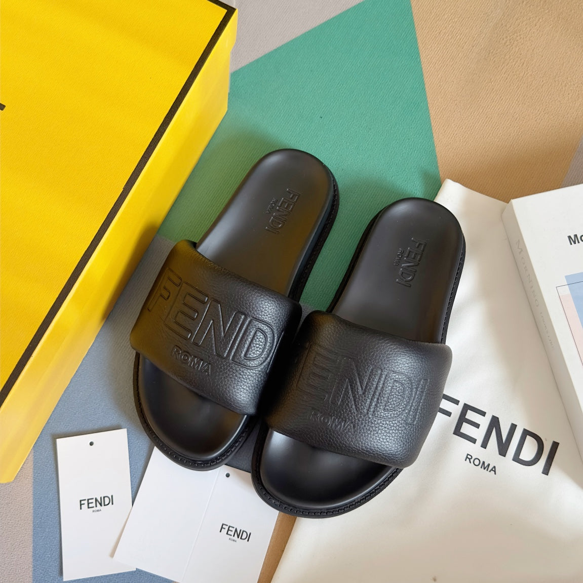 FENDI ROMA SLIDES IN BLACK  FUSSBETT LAMBSKIN