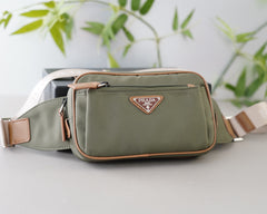 SHOULDER BAG 22 IN GRANITE GREEN RE-NYLON MIX BROWN CALFSKIN