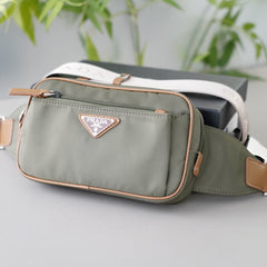 SHOULDER BAG 22 IN GRANITE GREEN RE-NYLON MIX BROWN CALFSKIN