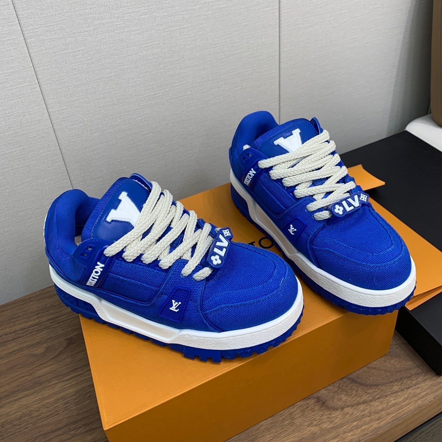 LV WOMEN'S TRAINER IN COBALT BLUE JACQUARD AND CALFSKIN