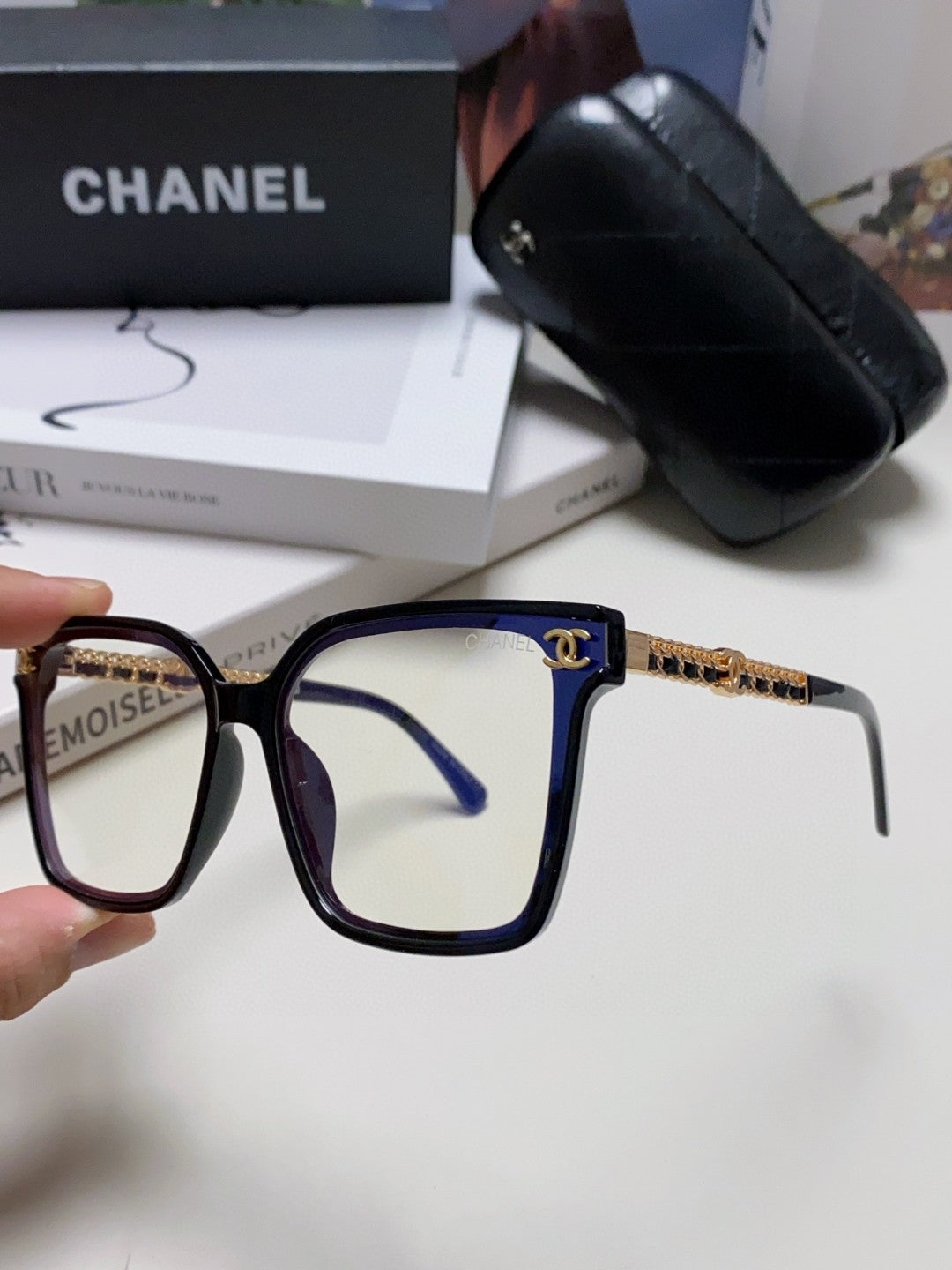 SQUARE SUNGLASSES 632882 IN BLACK ACETATE CLEAR LENSES