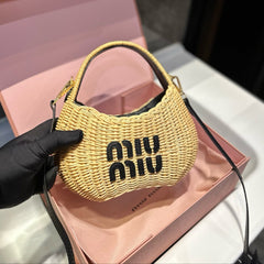 WANDER WICKER HOBO BAG 23 IN TAN BROWN HANDWOVEN WITH BLACK CALFSKIN LOGO