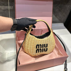 WANDER WICKER HOBO BAG 23 IN TAN BROWN HANDWOVEN WITH BLACK CALFSKIN LOGO