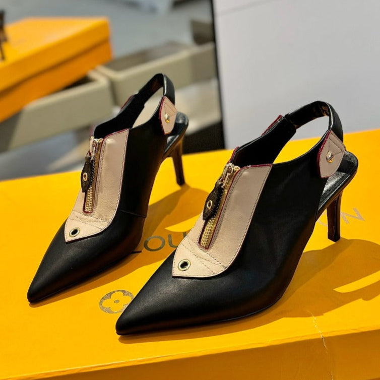 ALLURE HIGH 8 CM SLINGBACK IN BLACK MIX SAND BROWN CALFSKIN