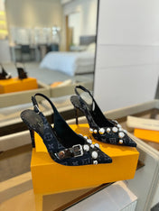 HIGH HEELS 95 MM IN BLACK MONOGRAM DENIM WITH CRYSTALS
