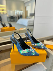 HIGH HEELS 95 MM IN CLASSIC BLUE MONOGRAM DENIM WITH CRYSTALS