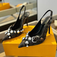 HIGH HEELS 95 MM IN CHOCOLATE BROWN MONOGRAM CALFSKIN WITH CRYSTALS