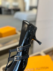 HIGH PUMP 5 CM TRIPLE-STRAP IN BLACK PATENT CALFSKIN