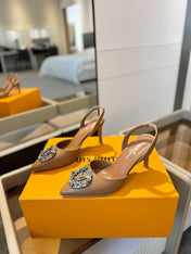 HIGH HEEL 75 MM SLINGBACK IN BRONZE BROWN CALFSKIN WITH CRYSTAL