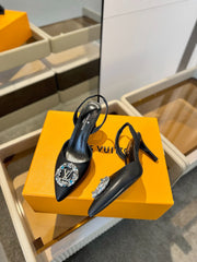 HIGH HEEL 75 MM SLINGBACK IN BLACK CALFSKIN WITH CRYSTAL