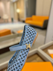 ROMY FLAT BALLERINA IN CERULEAN BLUE MESH PATENT CALFSKIN