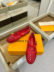 ROMY FLAT BALLERINA IN CHERRY RED MESH PATENT CALFSKIN