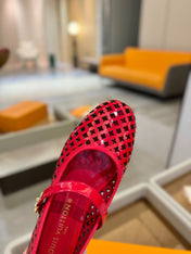 ROMY FLAT BALLERINA IN CHERRY RED MESH PATENT CALFSKIN