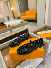 ROMY FLAT BALLERINA IN BLACK MESH PATENT CALFSKIN