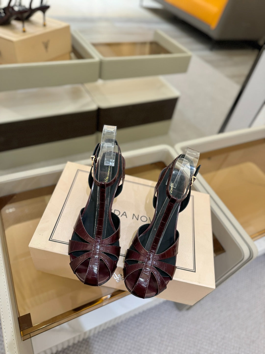 HIGH SANDALS 75 MM IN MAHOGANY RED PATENT CALFSKIN