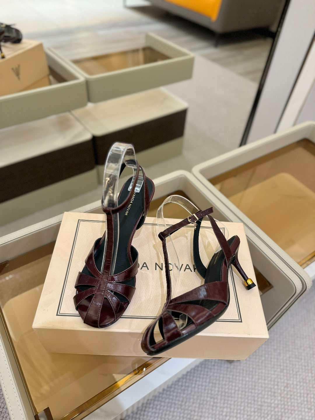 HIGH SANDALS 75 MM IN MAHOGANY RED PATENT CALFSKIN