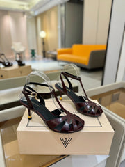 HIGH SANDALS 75 MM IN MAHOGANY RED PATENT CALFSKIN