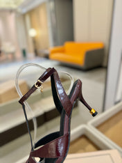 HIGH SANDALS 75 MM IN MAHOGANY RED PATENT CALFSKIN