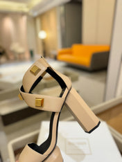 BALMAIN 25S WEDGE HEELS 105MM IN BEIGE CALFSKIN GOLD HARDWARE