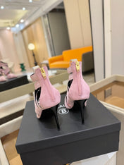 BALMAIN 25S HIGH HEELS LOGO RIBBON 95MM IN PINK SUEDE