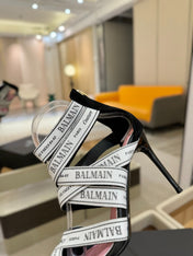 BALMAIN 25S HIGH HEELS LOGO RIBBON 95MM IN BLACK AND WHITE SUEDE