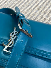 SOLFERINO SMALL SATCHEL 23 IN CERULEAN BLUE CALFSKIN GOLD HARDWARE