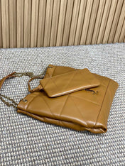 DRAWSTRING CHAIN STRAP SHOULDER BAG 39 IN TORTILLA BROWN QUILTED CALFSKIN
